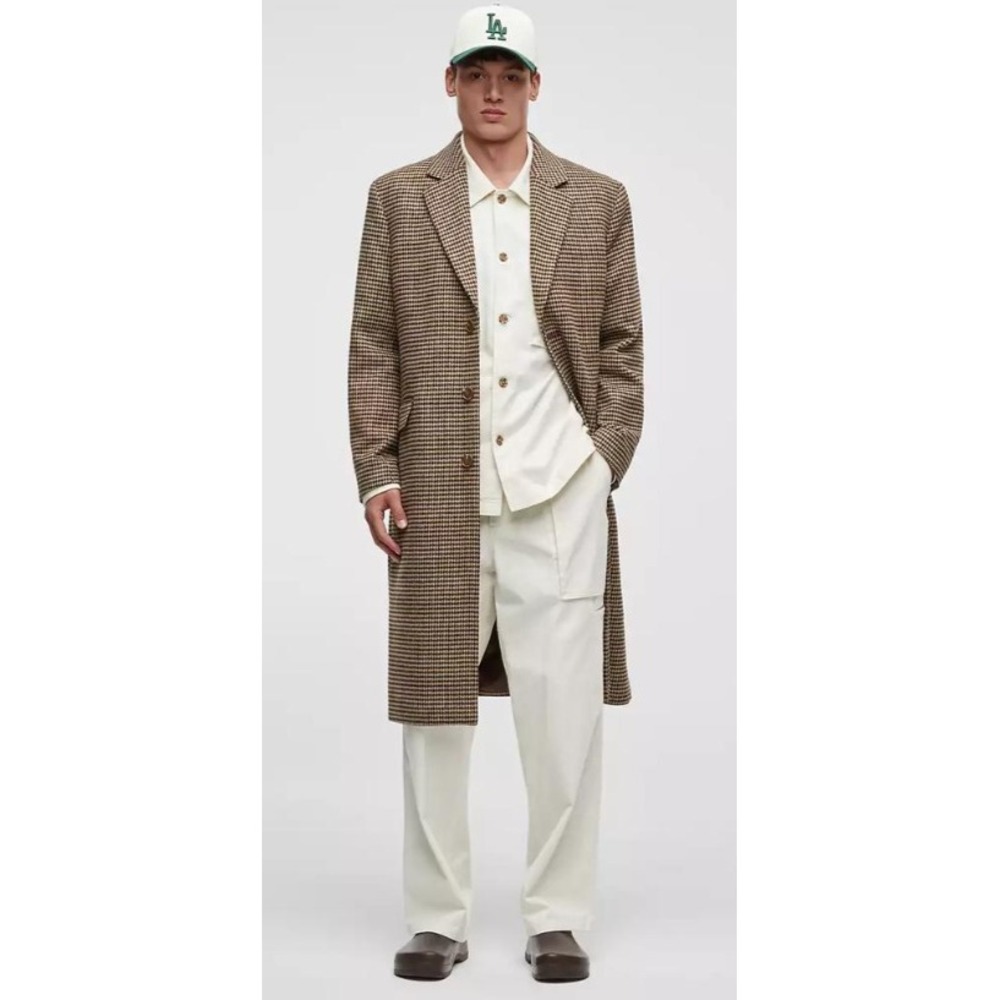 Mode of One Mens Brown Houndstooth Long Overcoat Jacket Size L 3-Button Topcoat